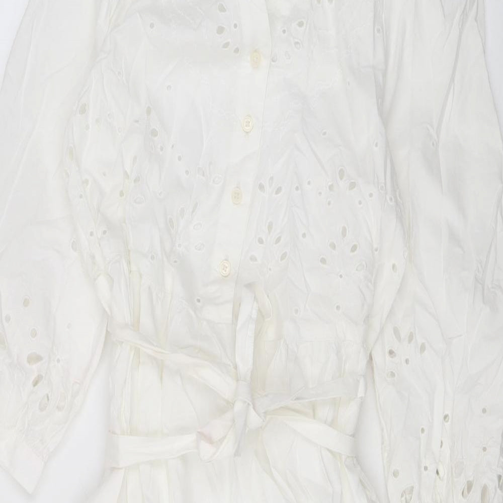 Marks and Spencer Womens White Floral Cotton A-Line Size 6 V-Neck Button