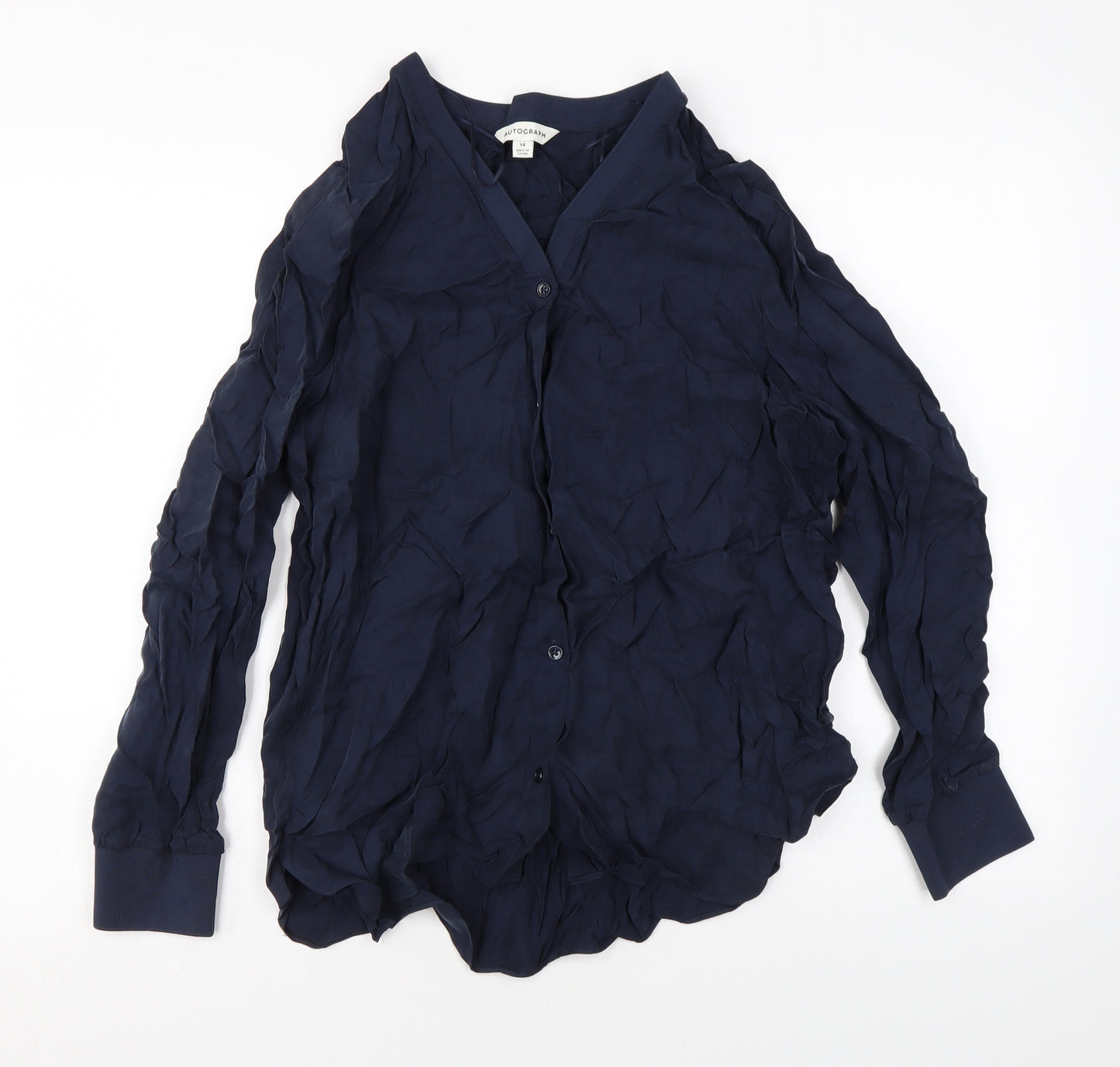 Autograph Womens Blue Cupro Basic Button-Up Size 14 Round Neck