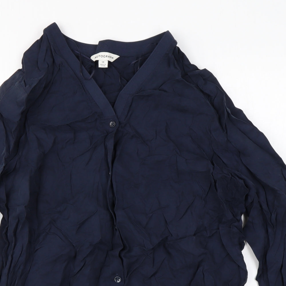 Autograph Womens Blue Cupro Basic Button-Up Size 14 Round Neck