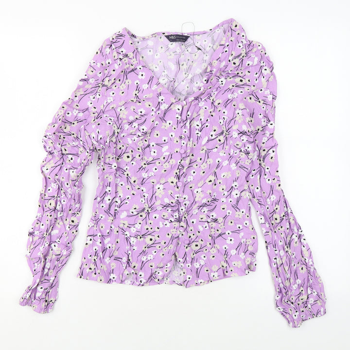 Marks and Spencer Womens Purple Floral Viscose Basic Button-Up Size 6 V-Neck