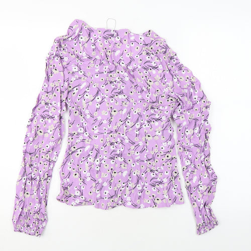 Marks and Spencer Womens Purple Floral Viscose Basic Button-Up Size 6 V-Neck