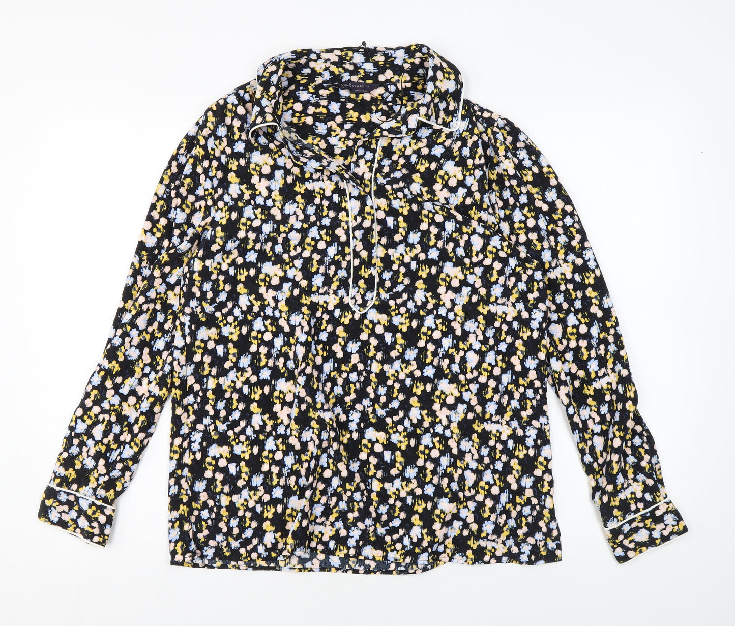 Marks and Spencer Womens Black Floral Polyester Basic Blouse Size 10 Collared