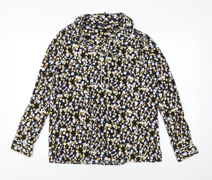 Marks and Spencer Womens Black Floral Polyester Basic Blouse Size 10 Collared