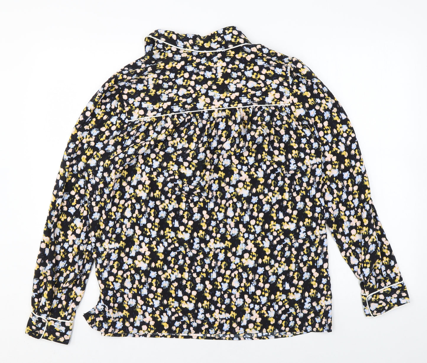 Marks and Spencer Womens Black Floral Polyester Basic Blouse Size 10 Collared