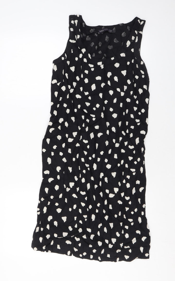 Marks and Spencer Womens Black Geometric Linen Tank Dress Size 6 Scoop Neck Pullover