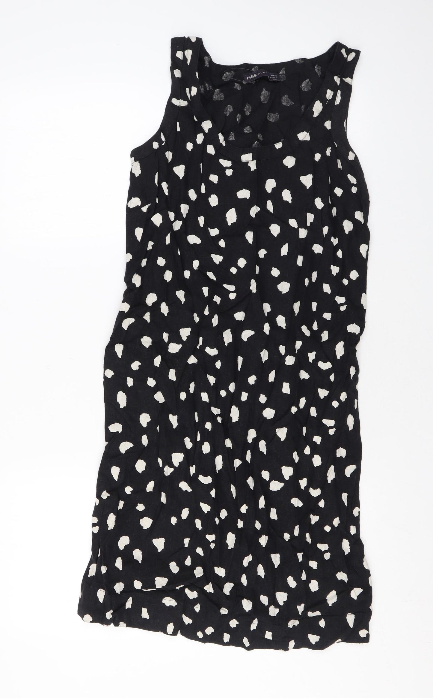 Marks and Spencer Womens Black Geometric Linen Tank Dress Size 6 Scoop Neck Pullover