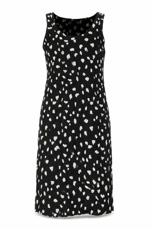 Front view of Marks & Spencer women’s black geometric linen tank dress, size UK 6, scoop neck pullover