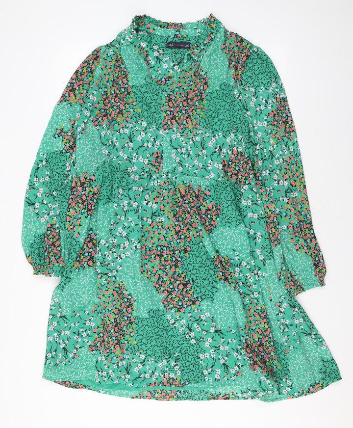 Marks and Spencer Womens Green Floral Polyester A-Line Size 16 V-Neck Pullover