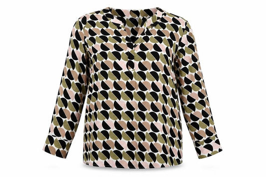 Front view of Marks & Spencer women’s multicoloured geometric polyester a-line, size UK 12, v-neck pullover