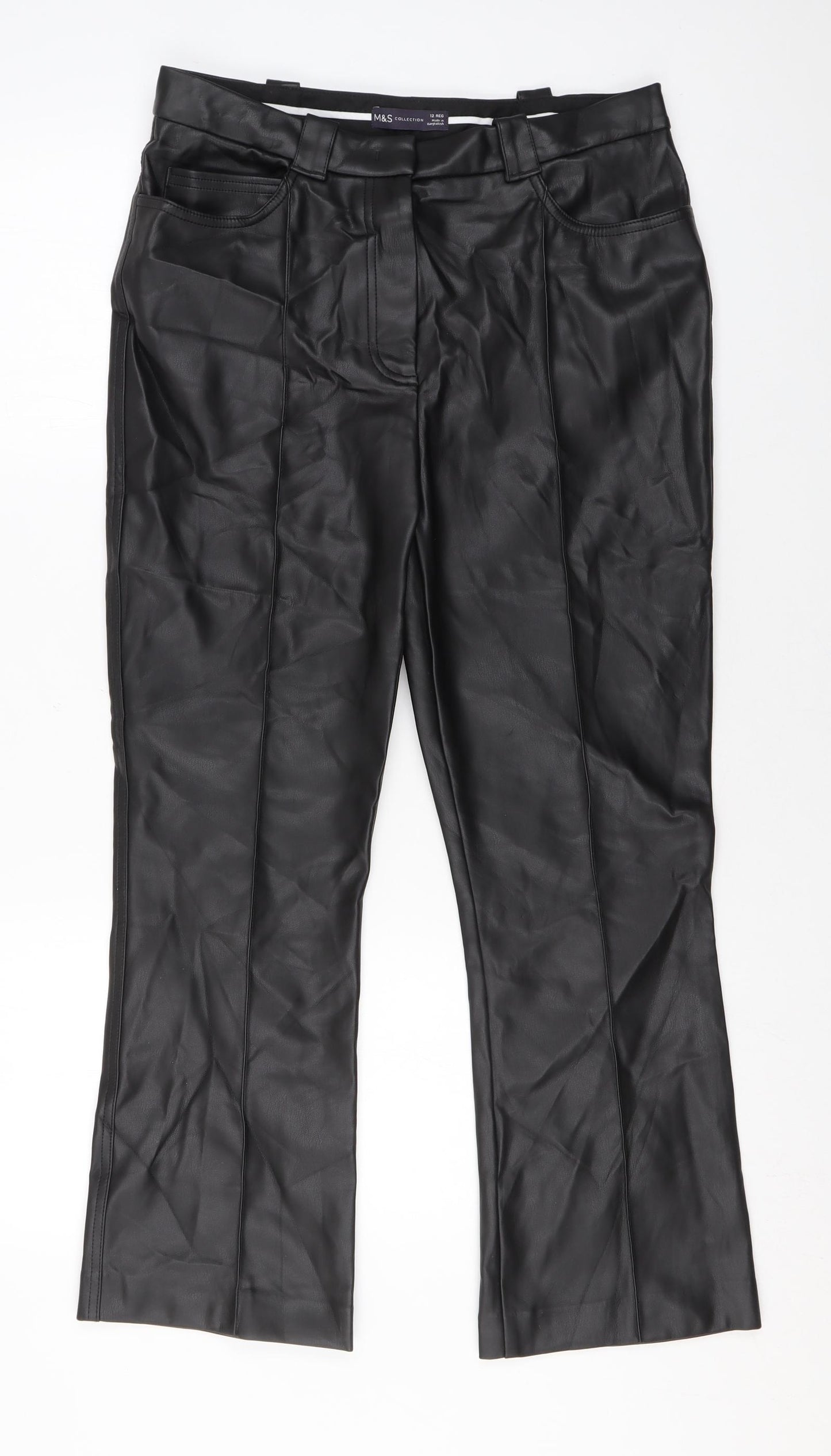 Marks and Spencer Womens Black Polyester Trousers Size 12 L25 in Regular Zip