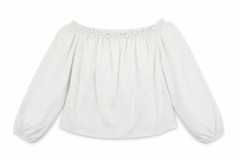 Front view of Bershka women’s white polyester cropped blouse, size S, boat neck