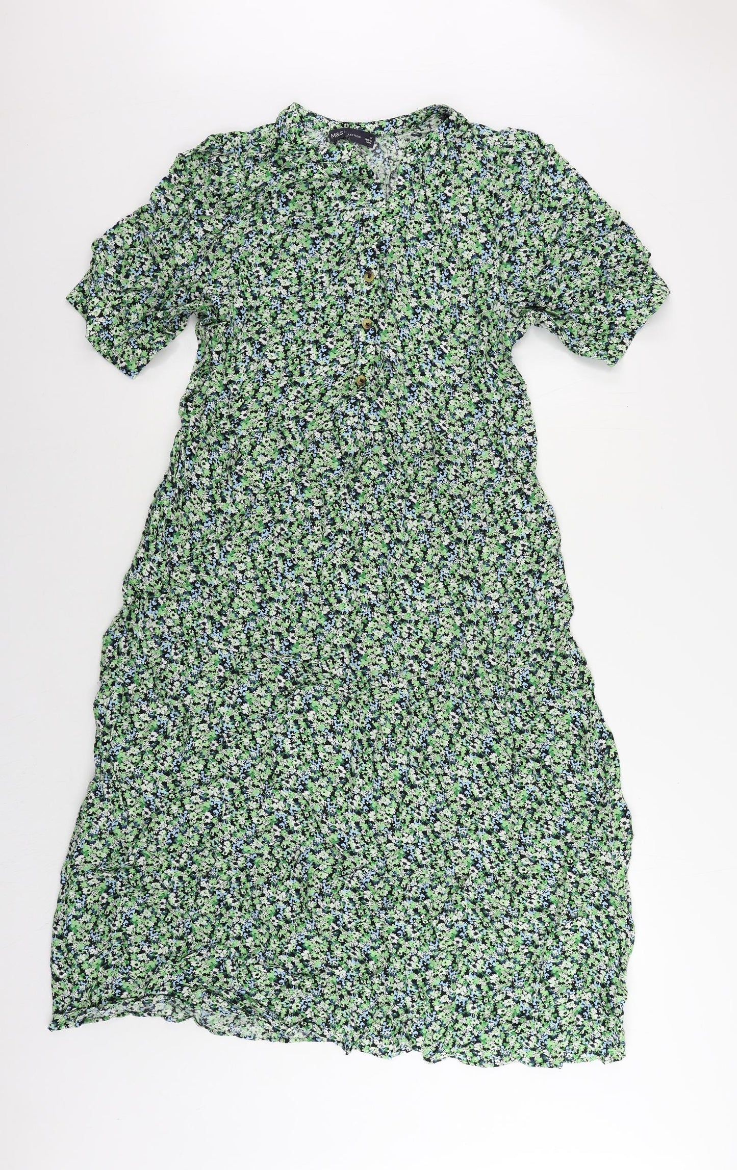 Marks and Spencer Womens Gold Floral Viscose A-Line Size 12 V-Neck Button