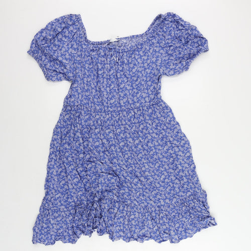 Marks and Spencer Girls Blue Floral Viscose Skater Dress Size 13-14 Years Boat Neck Pullover - Elastic Waist