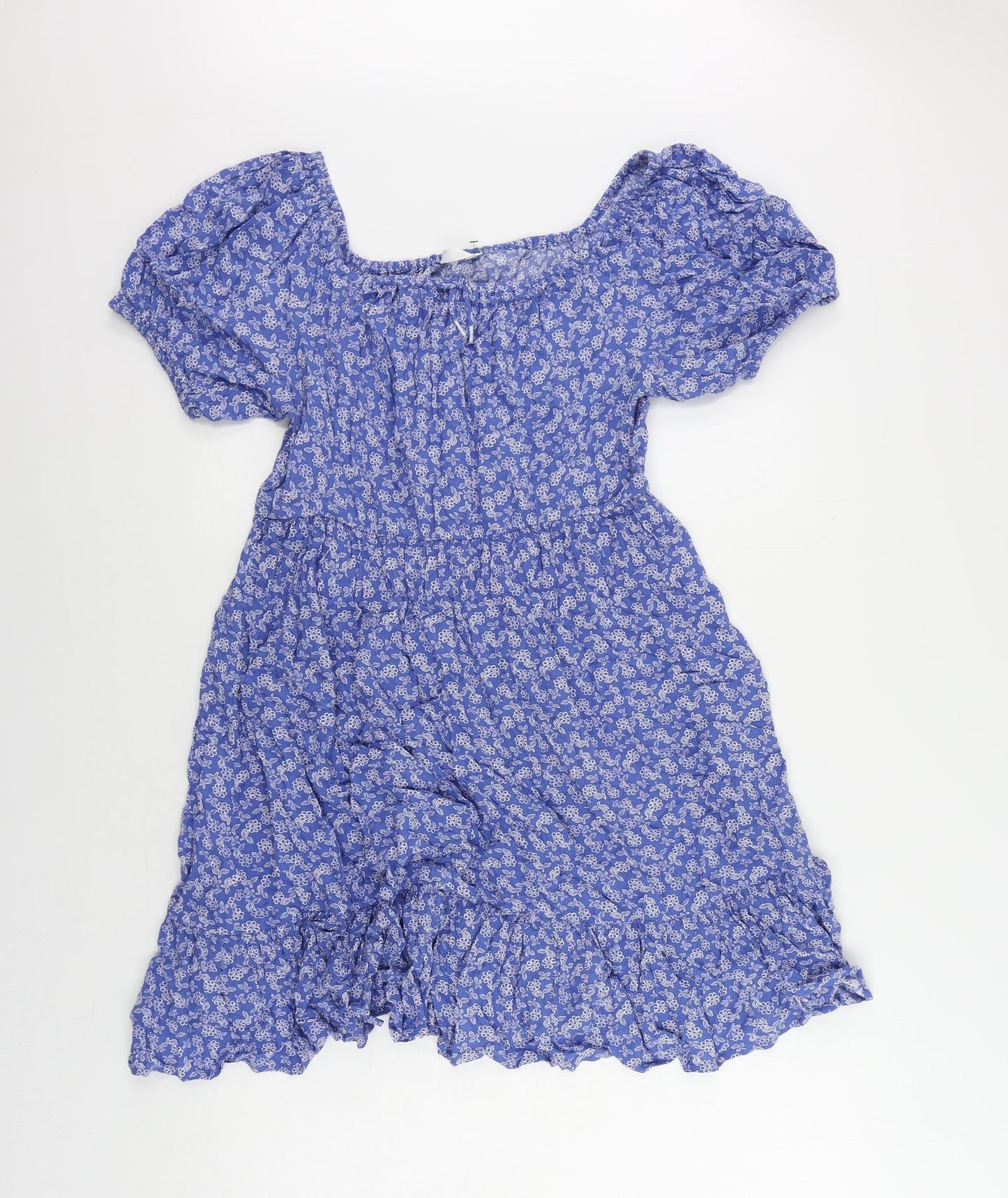 Marks and Spencer Girls Blue Floral Viscose Skater Dress Size 13-14 Years Boat Neck Pullover - Elastic Waist