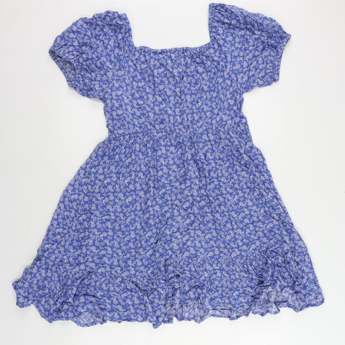 Marks and Spencer Girls Blue Floral Viscose Skater Dress Size 13-14 Years Boat Neck Pullover - Elastic Waist