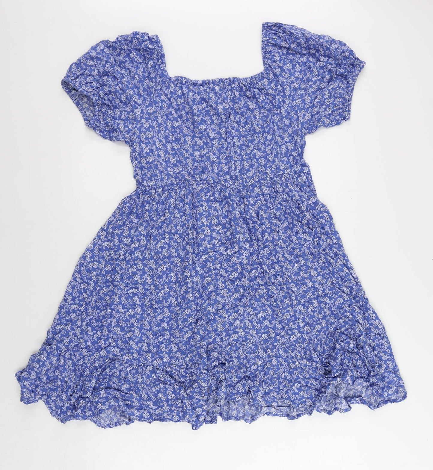 Marks and Spencer Girls Blue Floral Viscose Skater Dress Size 13-14 Years Boat Neck Pullover - Elastic Waist