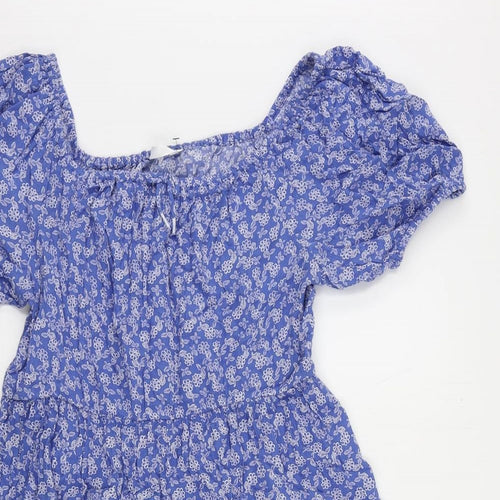Marks and Spencer Girls Blue Floral Viscose Skater Dress Size 13-14 Years Boat Neck Pullover - Elastic Waist