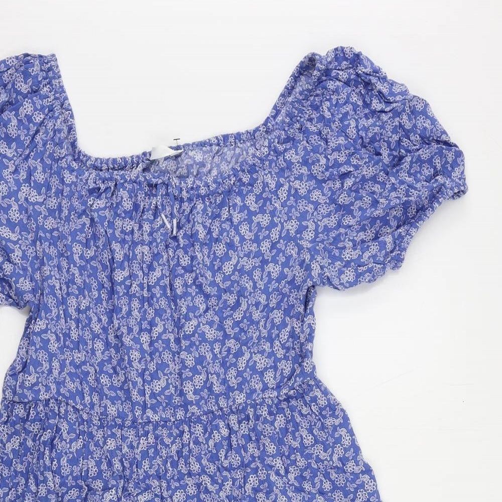 Marks and Spencer Girls Blue Floral Viscose Skater Dress Size 13-14 Years Boat Neck Pullover - Elastic Waist