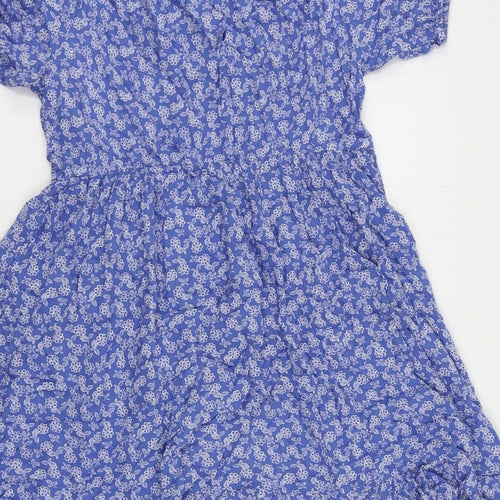 Marks and Spencer Girls Blue Floral Viscose Skater Dress Size 13-14 Years Boat Neck Pullover - Elastic Waist