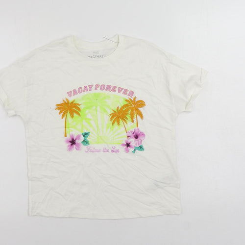 Marks and Spencer Girls Ivory Cotton Pullover T-Shirt Size 10-11 Years Crew Neck Pullover - Vacay