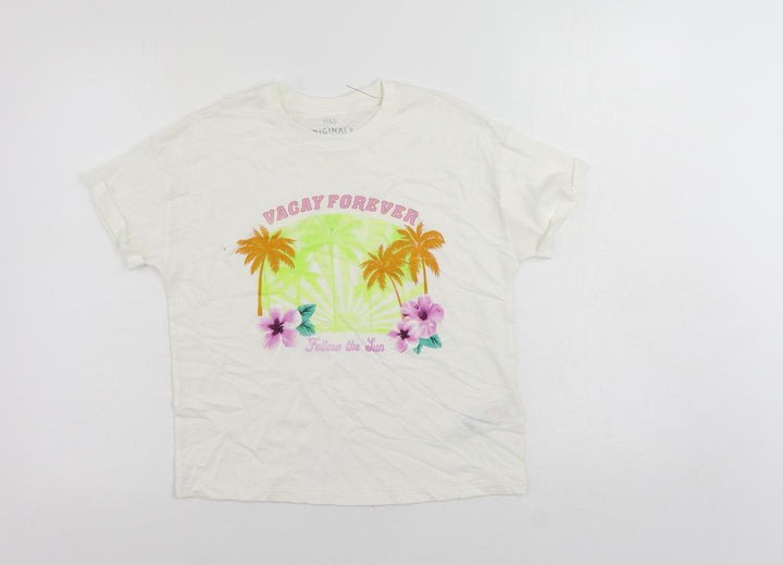 Marks and Spencer Girls Ivory Cotton Pullover T-Shirt Size 10-11 Years Crew Neck Pullover - Vacay
