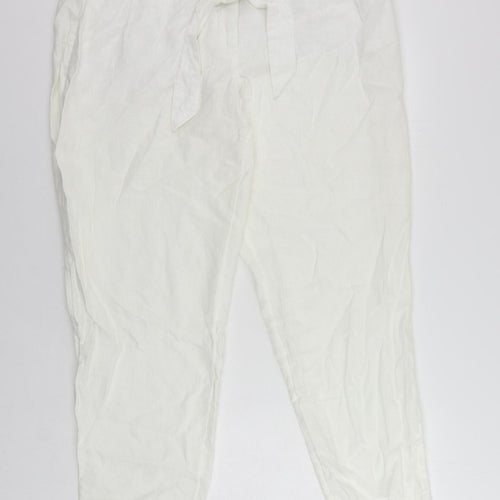 Marks and Spencer Womens White Linen Trousers Size 18 L29 in Regular Zip - Elastic Waist