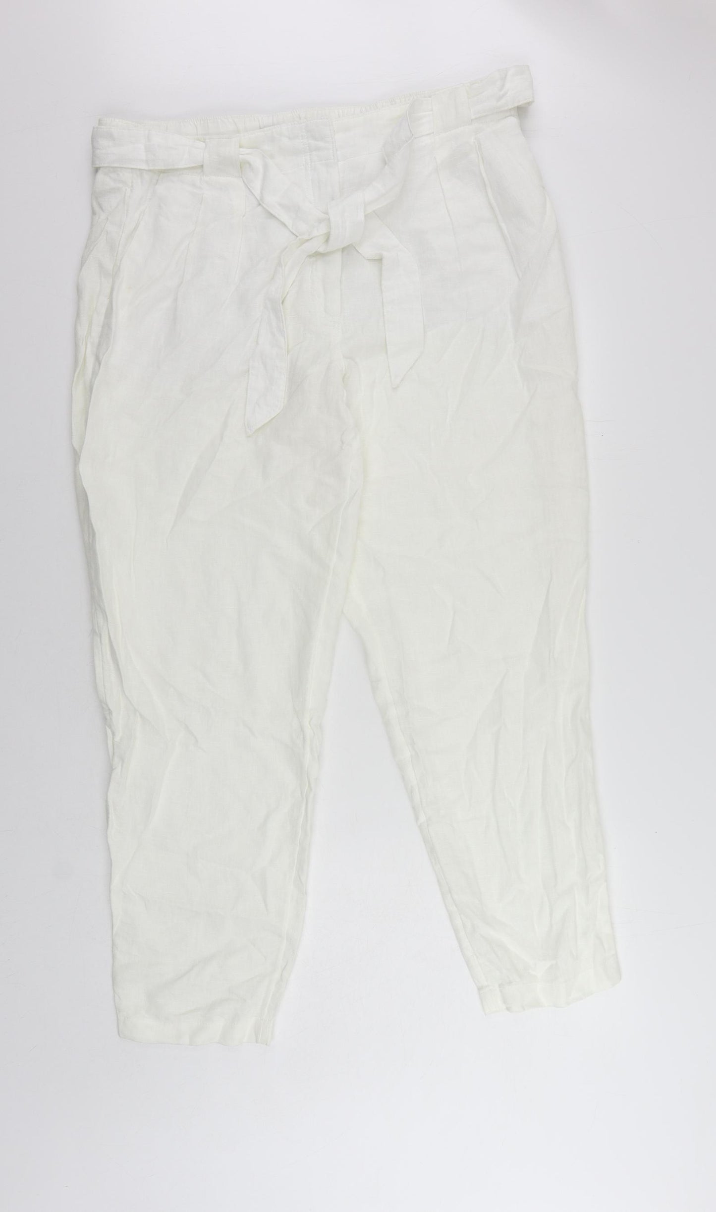 Marks and Spencer Womens White Linen Trousers Size 18 L29 in Regular Zip - Elastic Waist