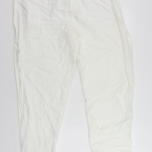 Marks and Spencer Womens White Linen Trousers Size 18 L29 in Regular Zip - Elastic Waist