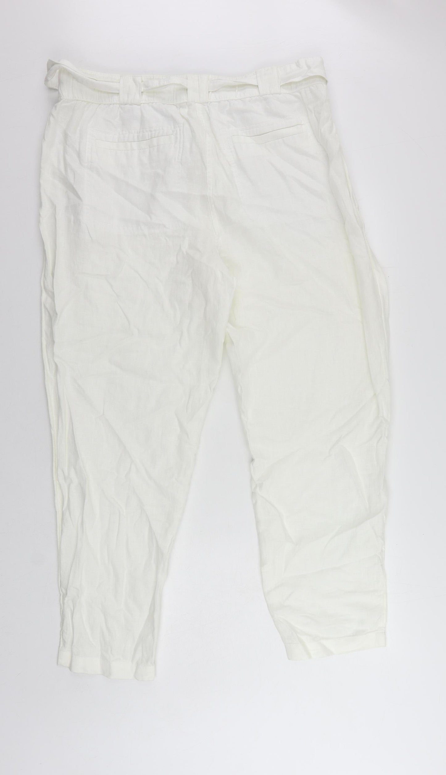 Marks and Spencer Womens White Linen Trousers Size 18 L29 in Regular Zip - Elastic Waist
