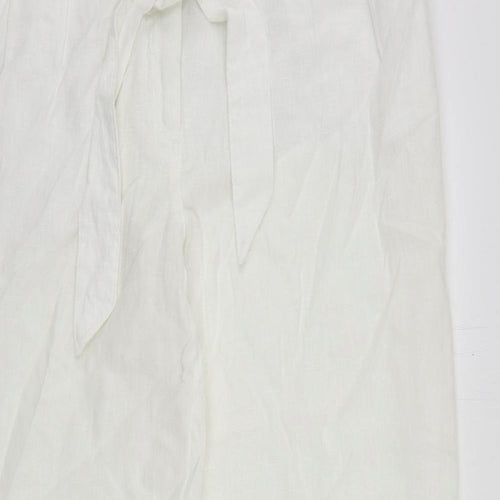 Marks and Spencer Womens White Linen Trousers Size 18 L29 in Regular Zip - Elastic Waist