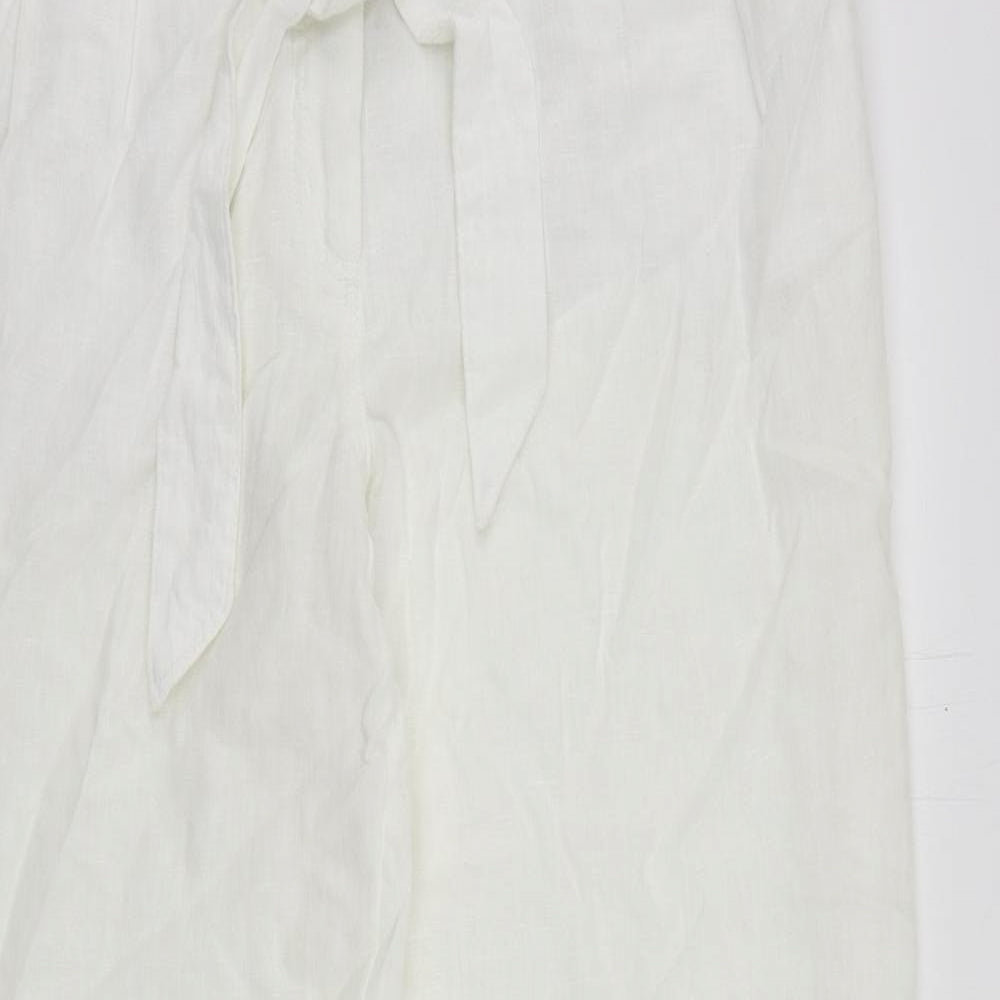 Marks and Spencer Womens White Linen Trousers Size 18 L29 in Regular Zip - Elastic Waist