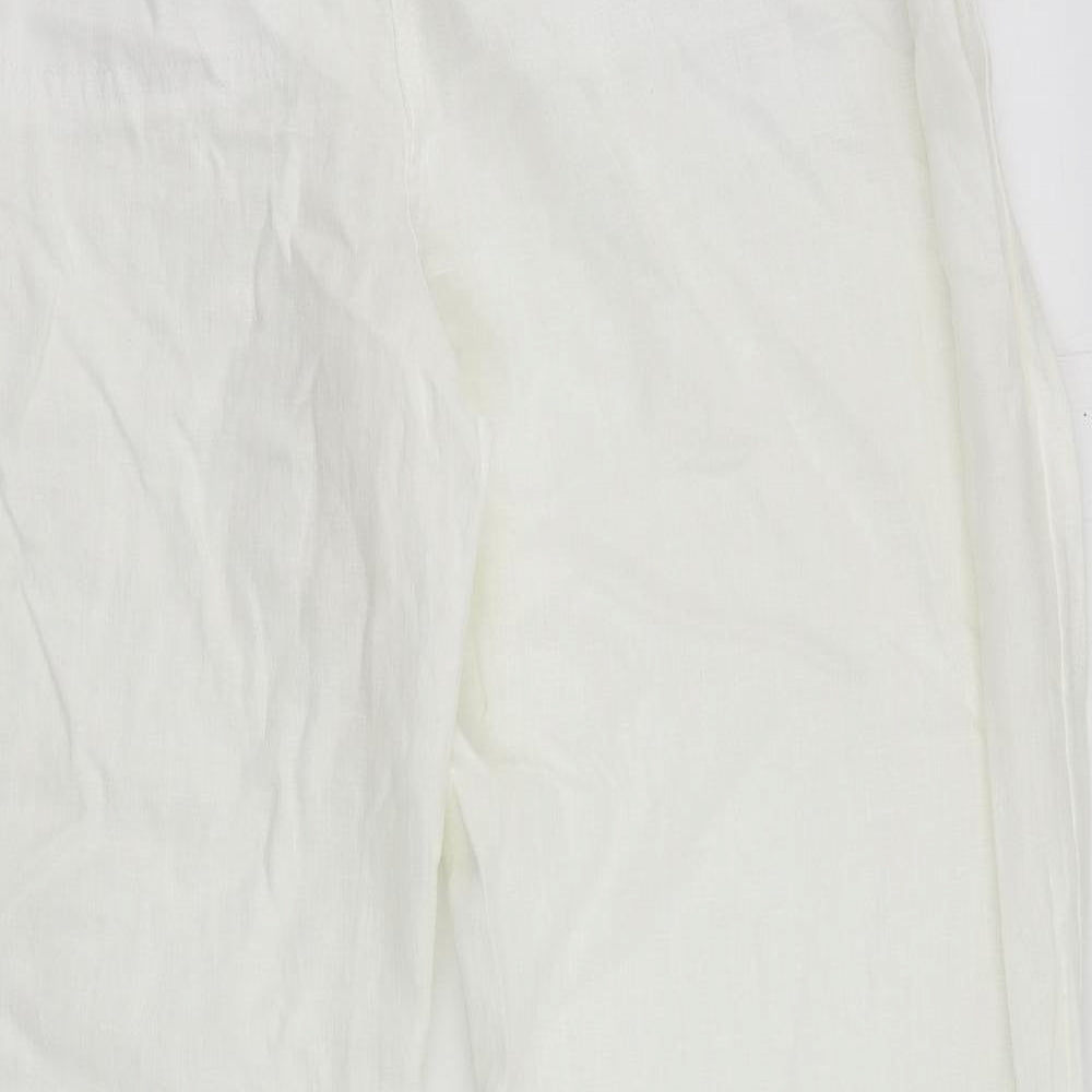 Marks and Spencer Womens White Linen Trousers Size 18 L29 in Regular Zip - Elastic Waist