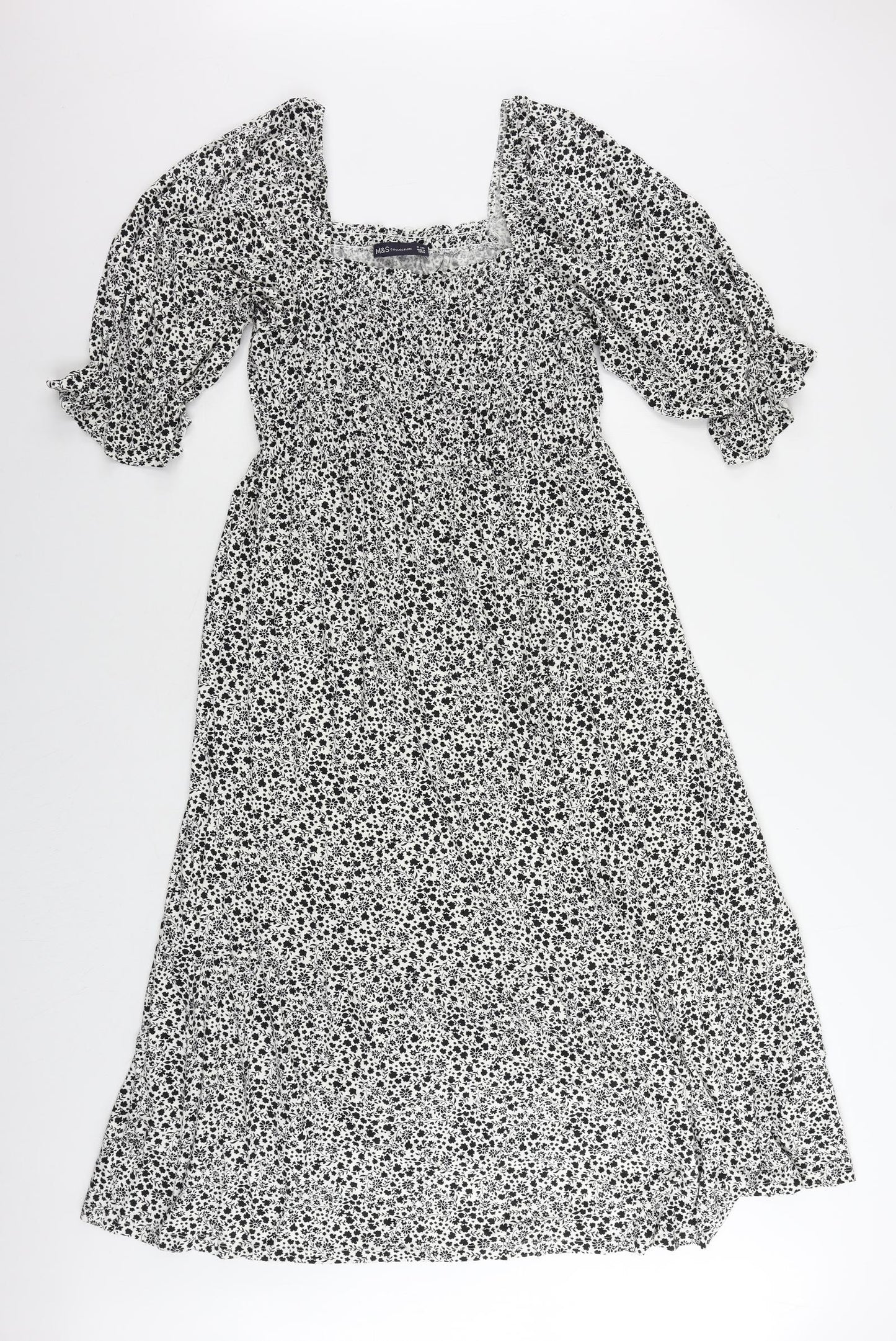 Marks and Spencer Womens Black Floral Viscose A-Line Size 16 Square Neck Pullover - Shirred