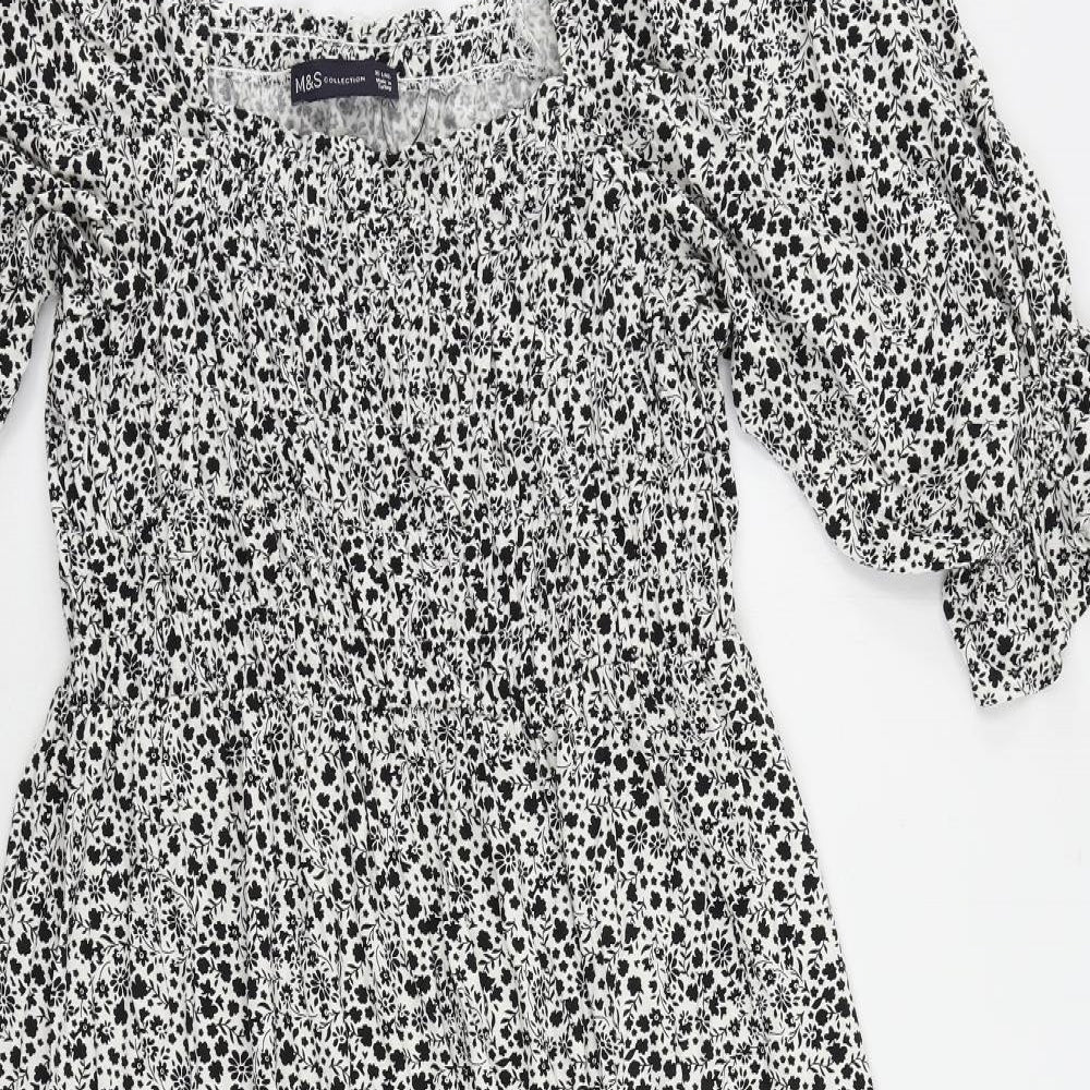 Marks and Spencer Womens Black Floral Viscose A-Line Size 16 Square Neck Pullover - Shirred
