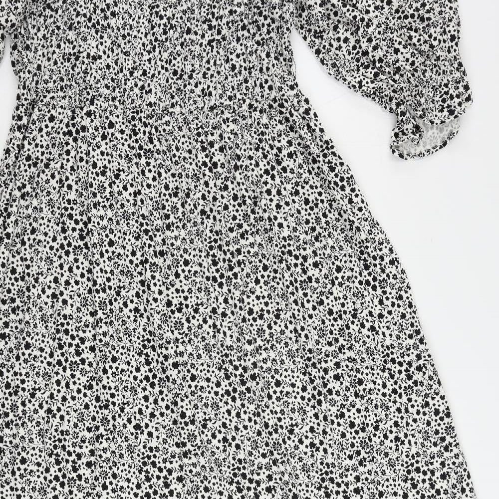 Marks and Spencer Womens Black Floral Viscose A-Line Size 16 Square Neck Pullover - Shirred