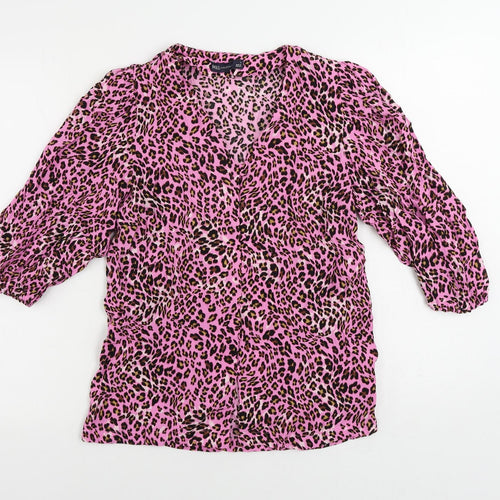 Marks and Spencer Womens Pink Animal Print Viscose Basic Button-Up Size 8 V-Neck