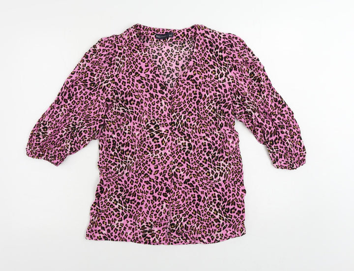 Marks and Spencer Womens Pink Animal Print Viscose Basic Button-Up Size 8 V-Neck