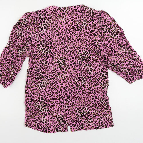Marks and Spencer Womens Pink Animal Print Viscose Basic Button-Up Size 8 V-Neck