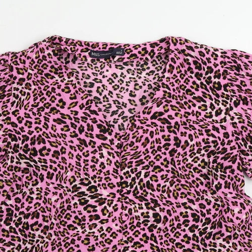 Marks and Spencer Womens Pink Animal Print Viscose Basic Button-Up Size 8 V-Neck
