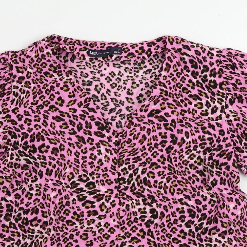 Marks and Spencer Womens Pink Animal Print Viscose Basic Button-Up Size 8 V-Neck