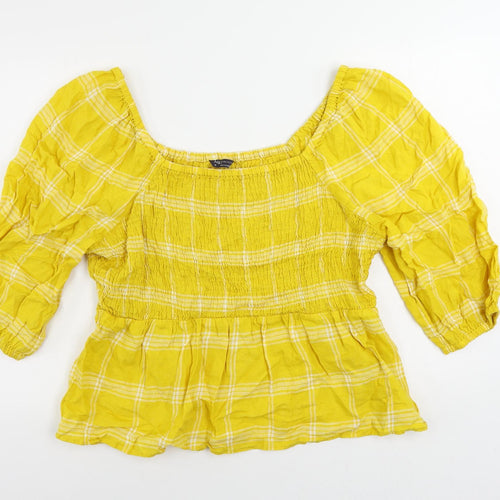 Marks and Spencer Womens Yellow Plaid Linen Basic Blouse Size 18 Square Neck - Shirred
