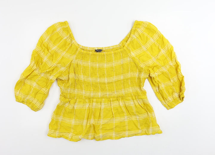 Marks and Spencer Womens Yellow Plaid Linen Basic Blouse Size 18 Square Neck - Shirred