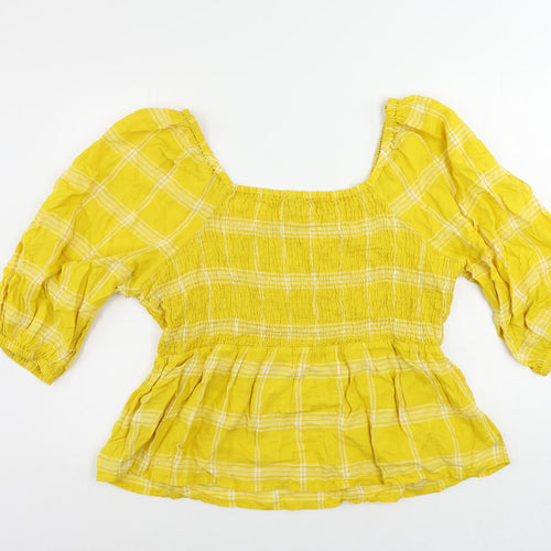Marks and Spencer Womens Yellow Plaid Linen Basic Blouse Size 18 Square Neck - Shirred