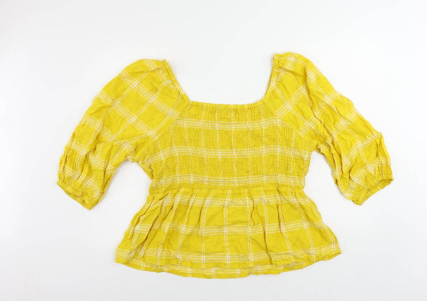 Marks and Spencer Womens Yellow Plaid Linen Basic Blouse Size 18 Square Neck - Shirred