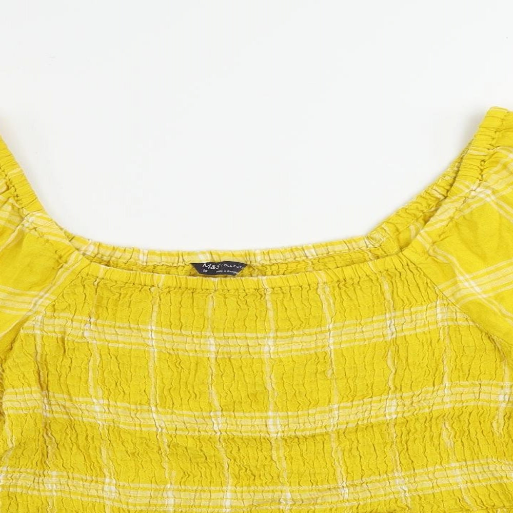 Marks and Spencer Womens Yellow Plaid Linen Basic Blouse Size 18 Square Neck - Shirred