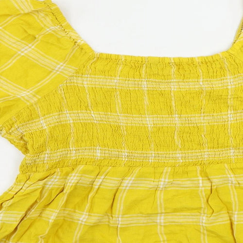 Marks and Spencer Womens Yellow Plaid Linen Basic Blouse Size 18 Square Neck - Shirred