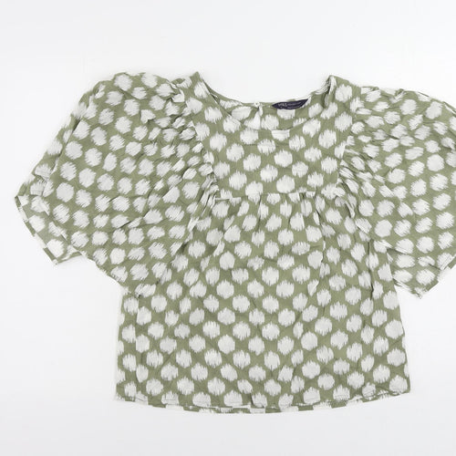 Marks and Spencer Womens Green Geometric Cotton Basic Blouse Size 6 Round Neck