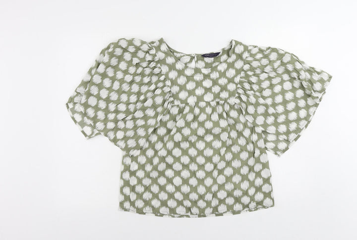 Marks and Spencer Womens Green Geometric Cotton Basic Blouse Size 6 Round Neck