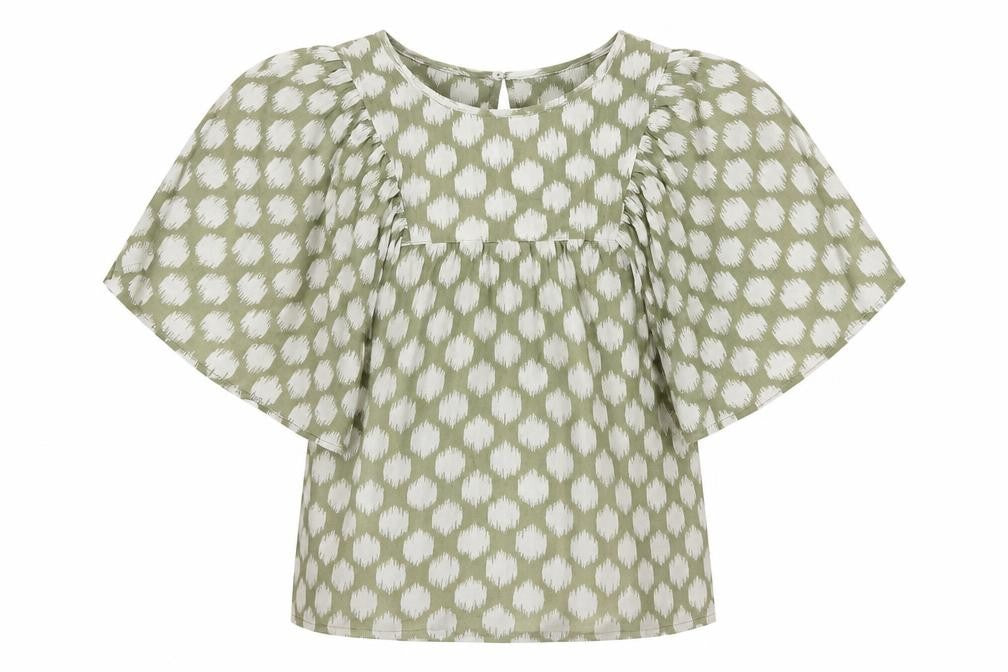 Front view of Marks & Spencer women’s green geometric cotton basic blouse, size UK 6, round neck
