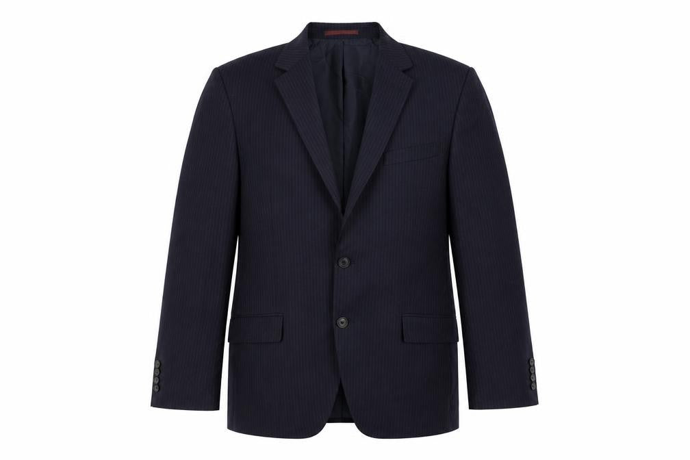 Front view of Marks & Spencer men’s blue striped wool jacket suit jacket, size 42, regular